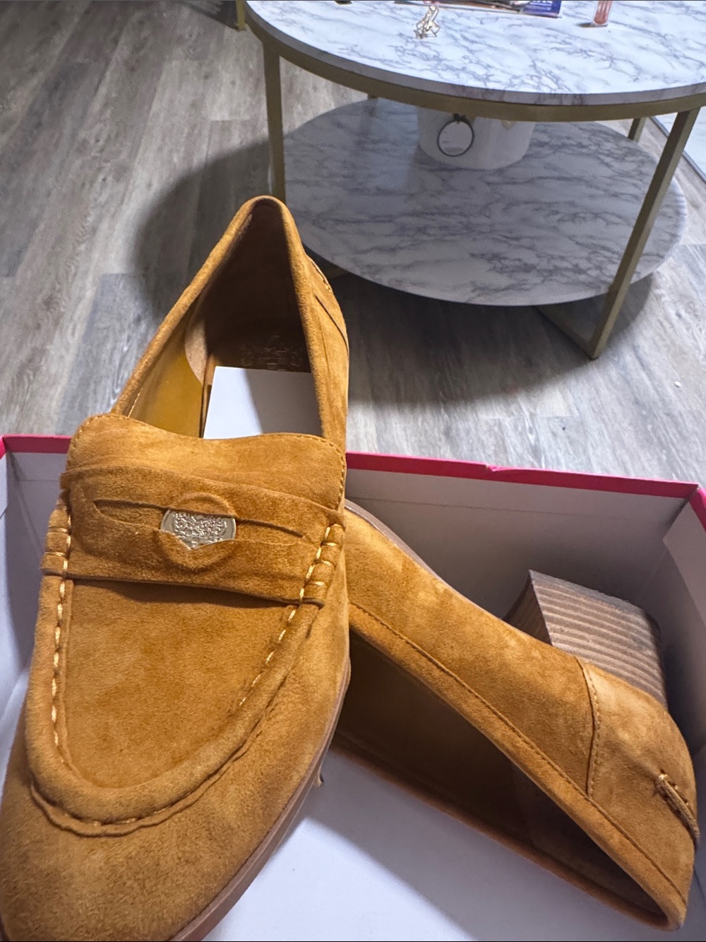 Vince Camuto Suede Loafer Heels in cognac